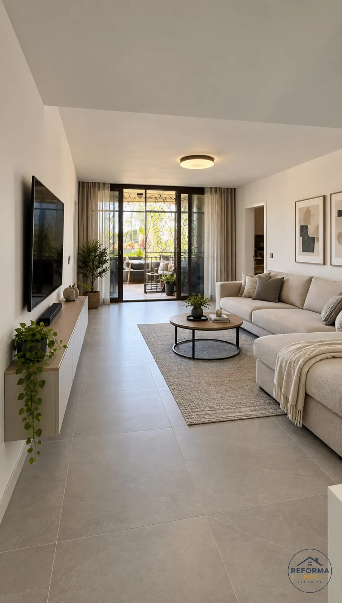 Salón reformado con mueble de TV suspendido y salida a la terraza en Tenerife Salón reformado con mueble de TV suspendido y salida a la terraza en Tenerife