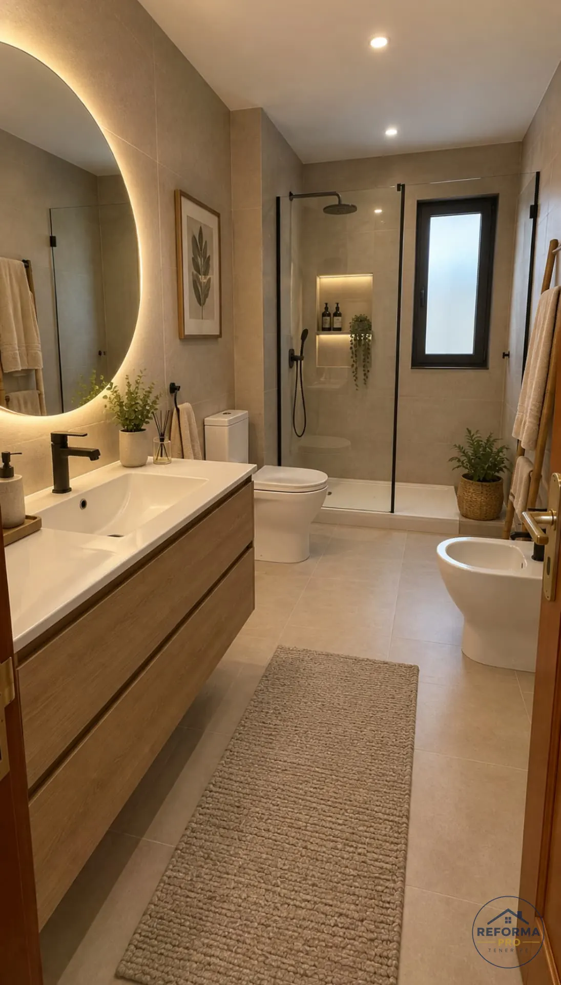 Baño beige con espejo redondo retroiluminado y ducha con hornacina en Tenerife Baño beige con espejo redondo retroiluminado y ducha con hornacina en Tenerife