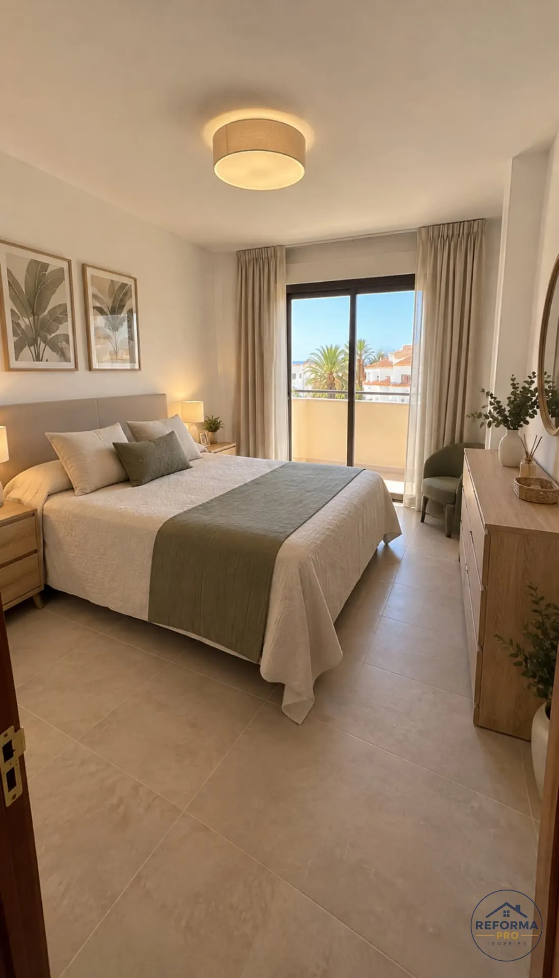 Dormitorio reformado con balcón y suelo de gres claro en Tenerife Dormitorio reformado con balcón y suelo de gres claro en Tenerife