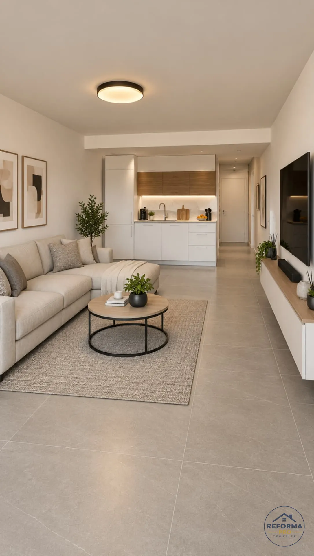 Salón reformado con cocina lineal y mueble de TV suspendido en Tenerife Salón reformado con cocina lineal y mueble de TV suspendido en Tenerife
