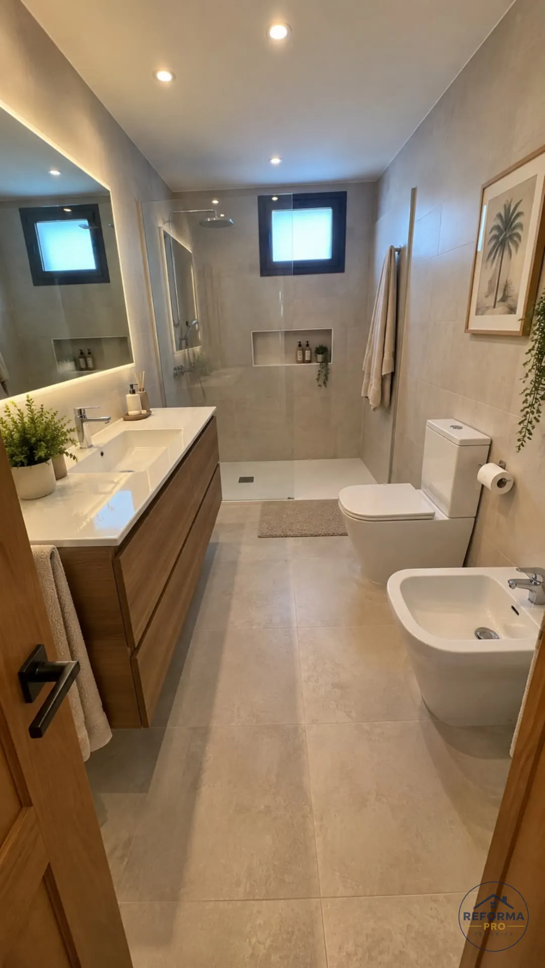 Baño con lavabo doble y ducha walk-in reformado en Tenerife Baño con lavabo doble y ducha walk-in reformado en Tenerife